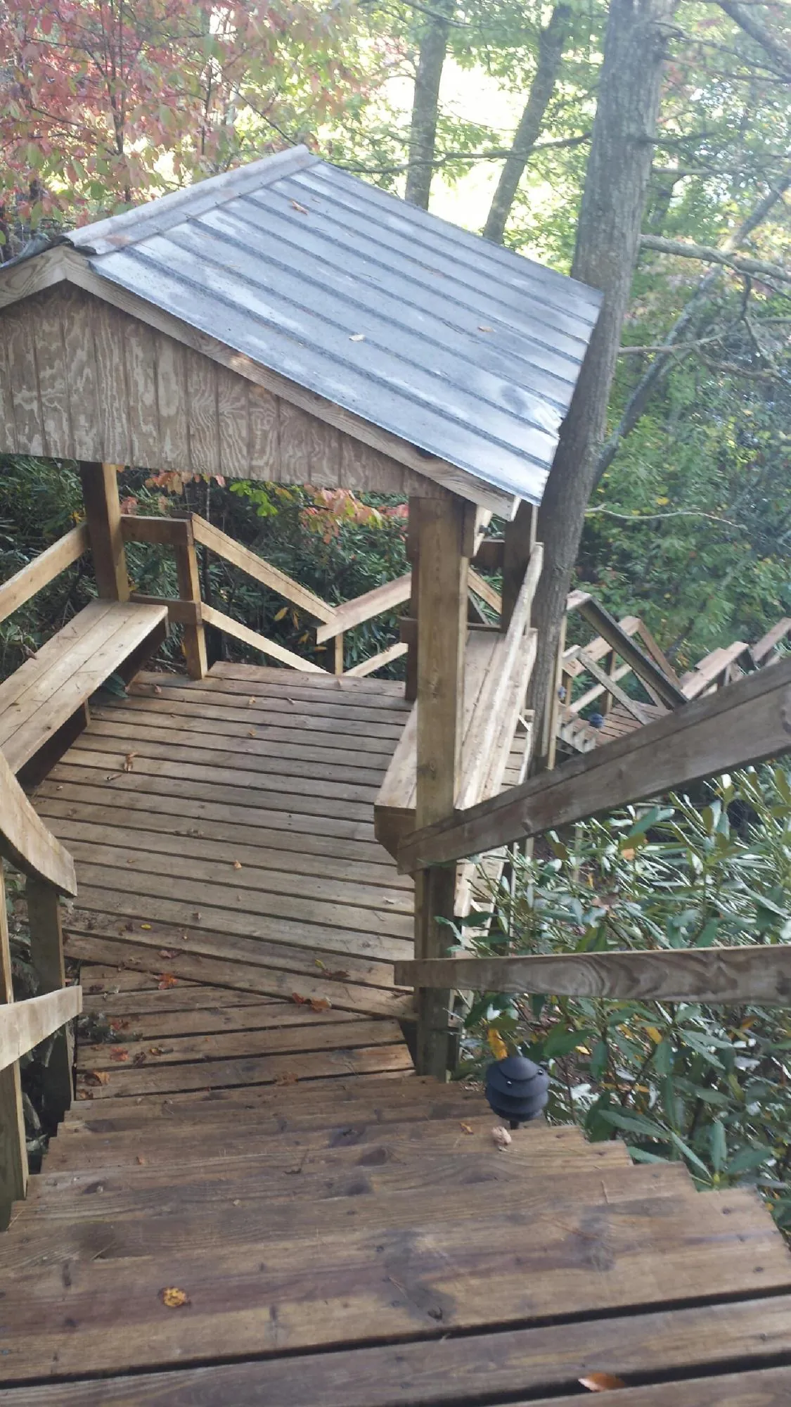 Metal roofed shelter over wooden steps on a wooded walkway — Skylight Repair & Installation work by our crew in Belpre